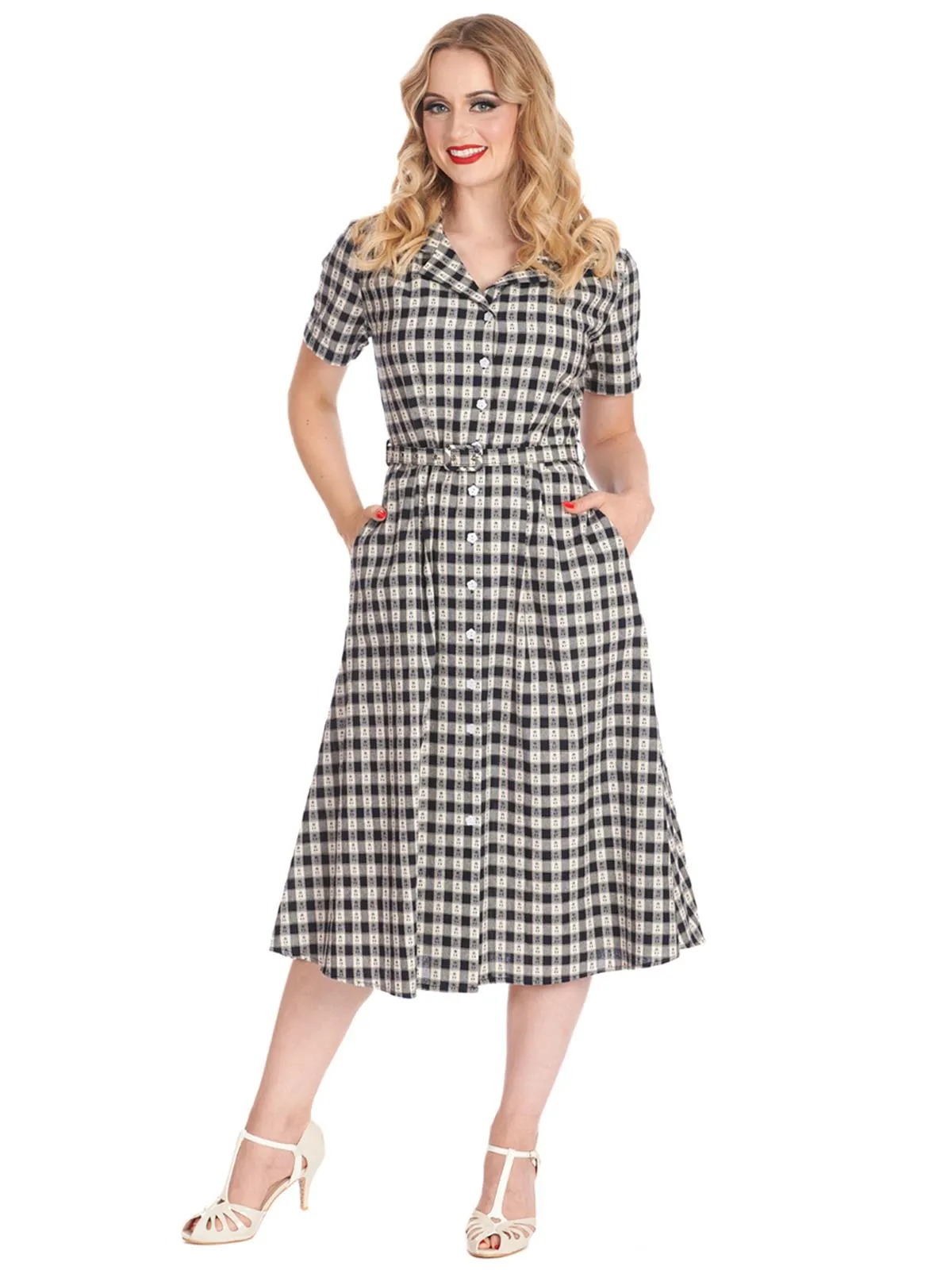 Navy Cherry Gingham Vintage Style Shirt Dress