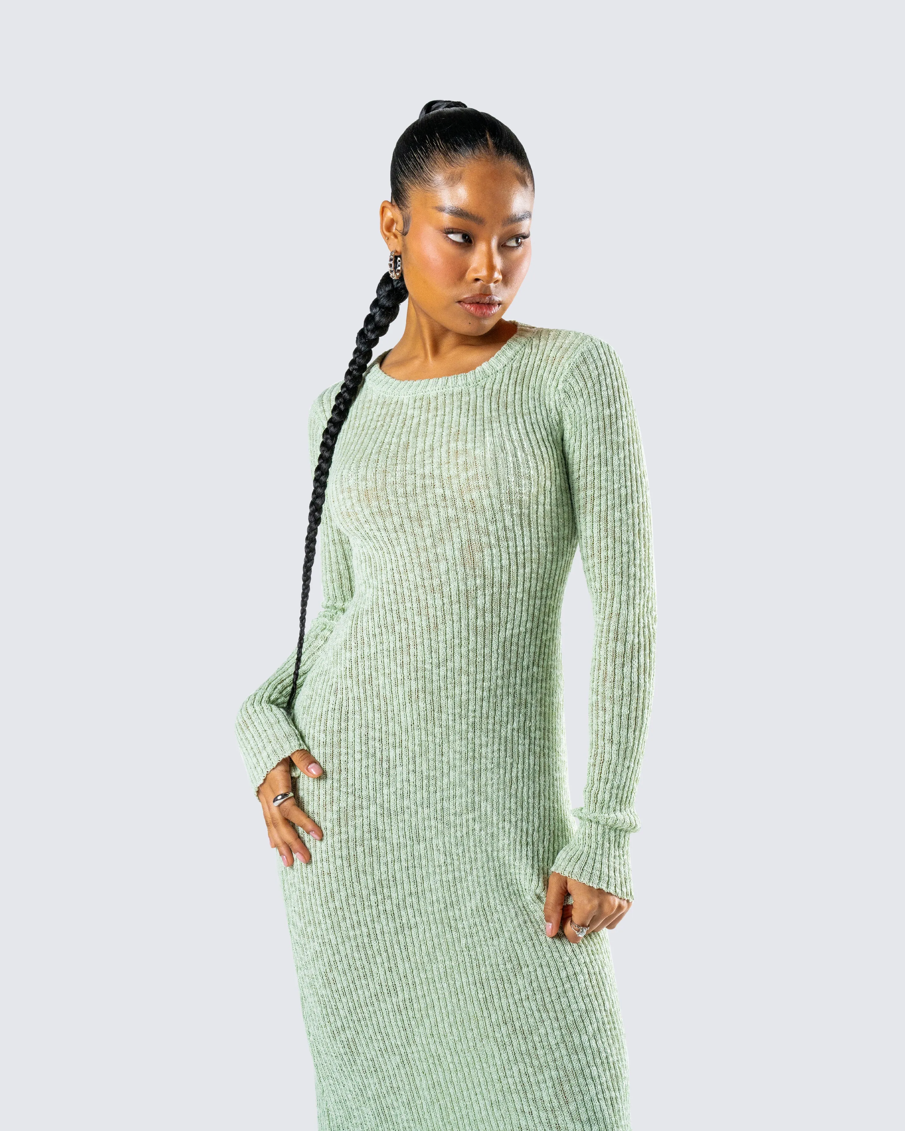 Nea Green Sweater Knit Midi Dress