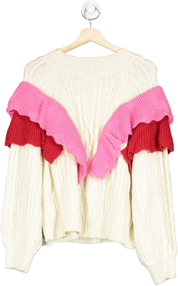 Never Fully Dressed Cream/ Pink Ruffle Cable Jumper UK XL