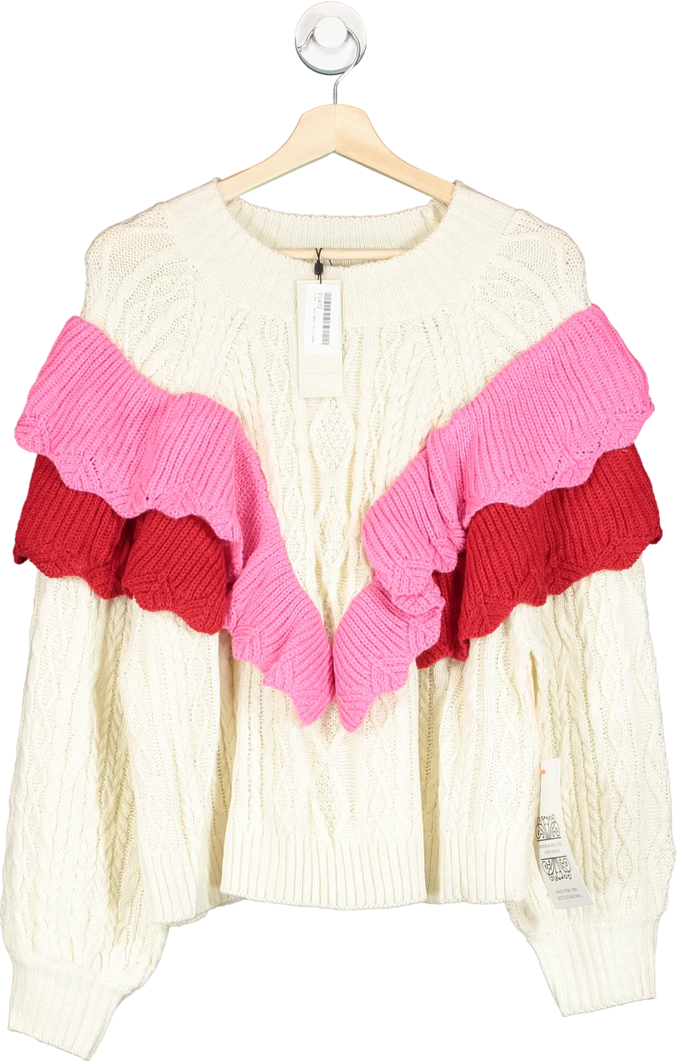 Never Fully Dressed Cream/ Pink Ruffle Cable Jumper UK XL