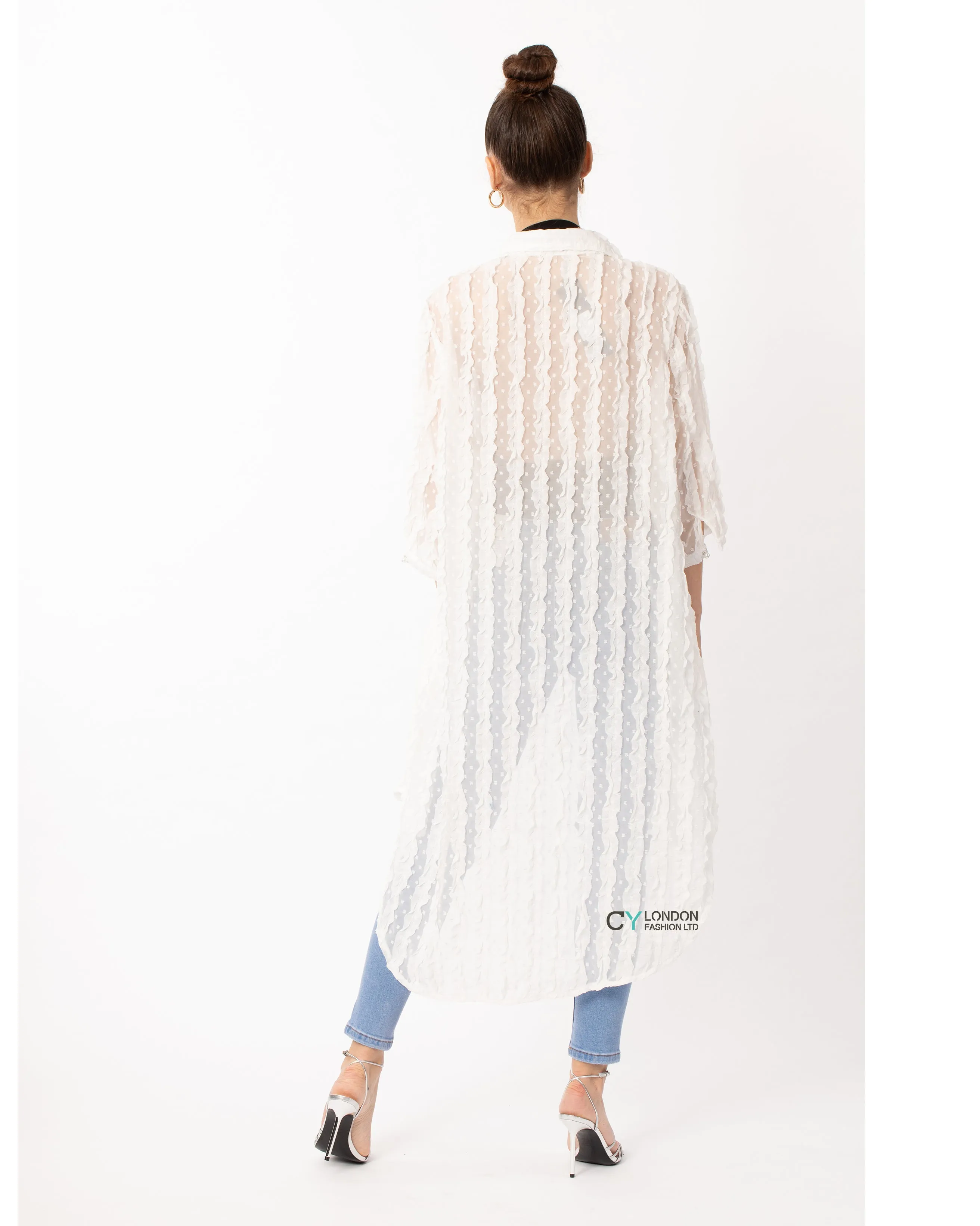 Oversized shirt dress in white with chiffon ruffle stripe design