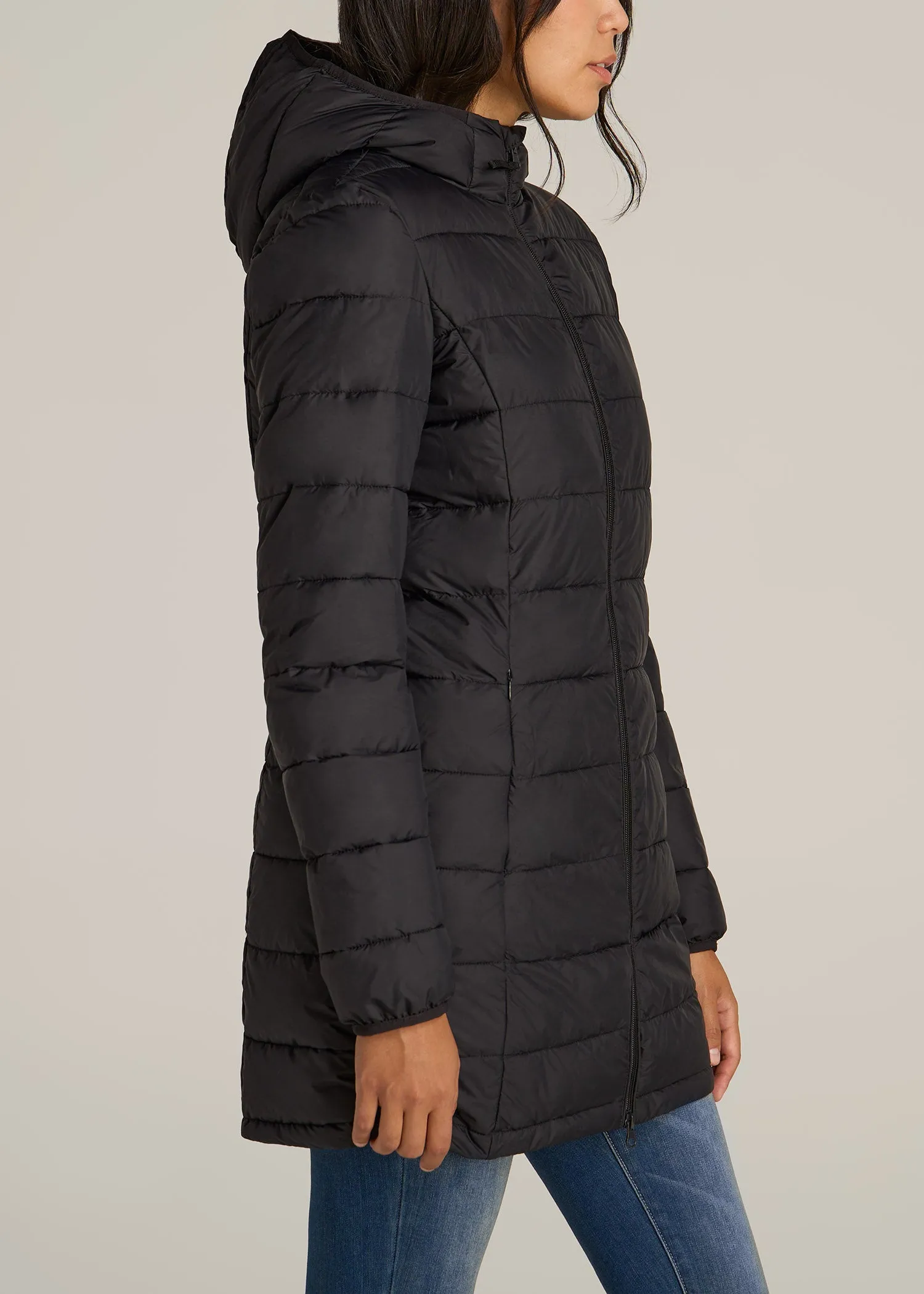 Packable Puffer Jacket for Tall Women in Black