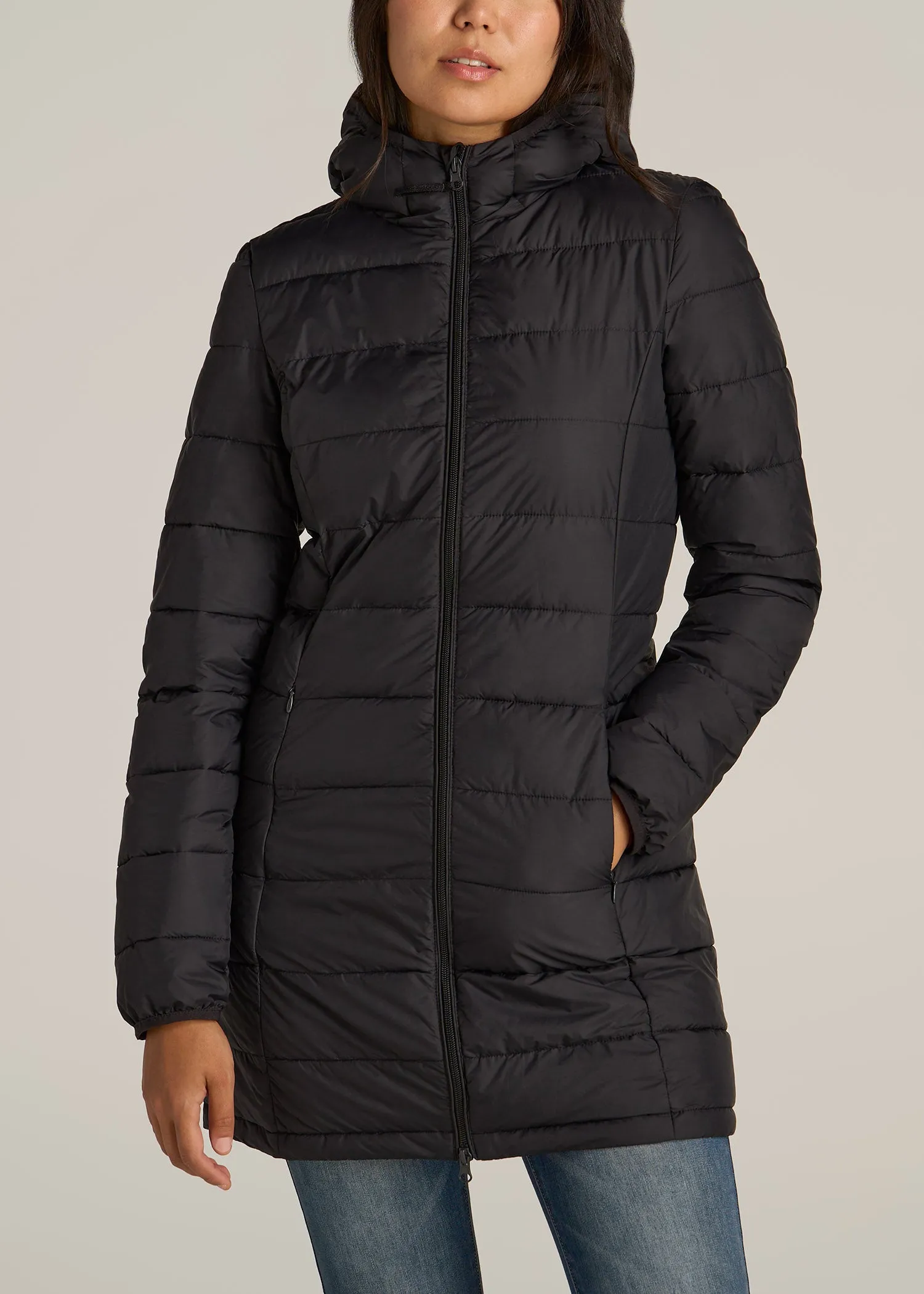 Packable Puffer Jacket for Tall Women in Black