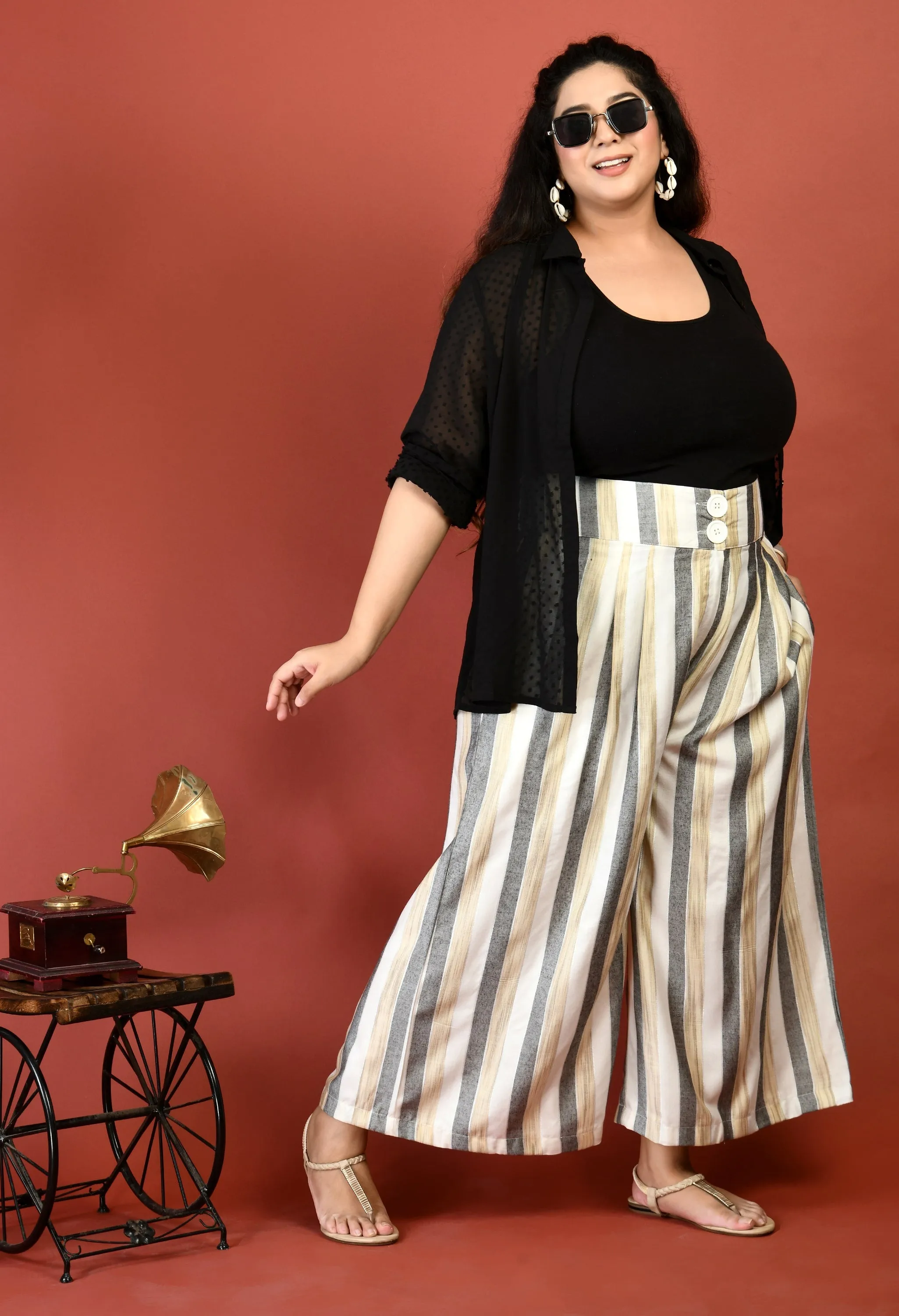 Plus Size Plus Size Striped White & Grey Culottes