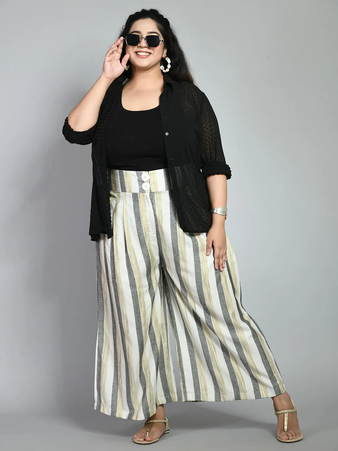 Plus Size Plus Size Striped White & Grey Culottes