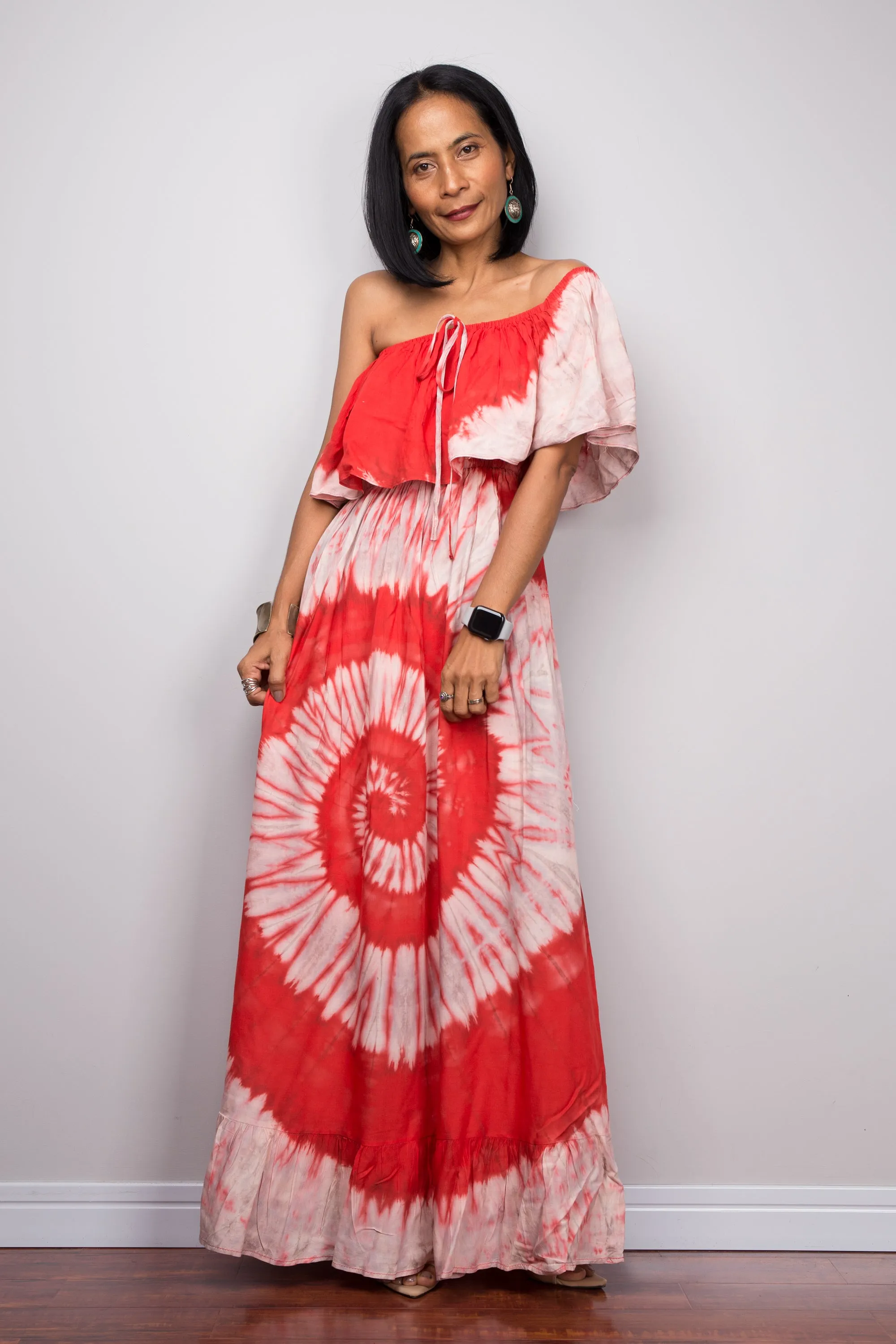 Red Tie Dye Drop Waist Dress