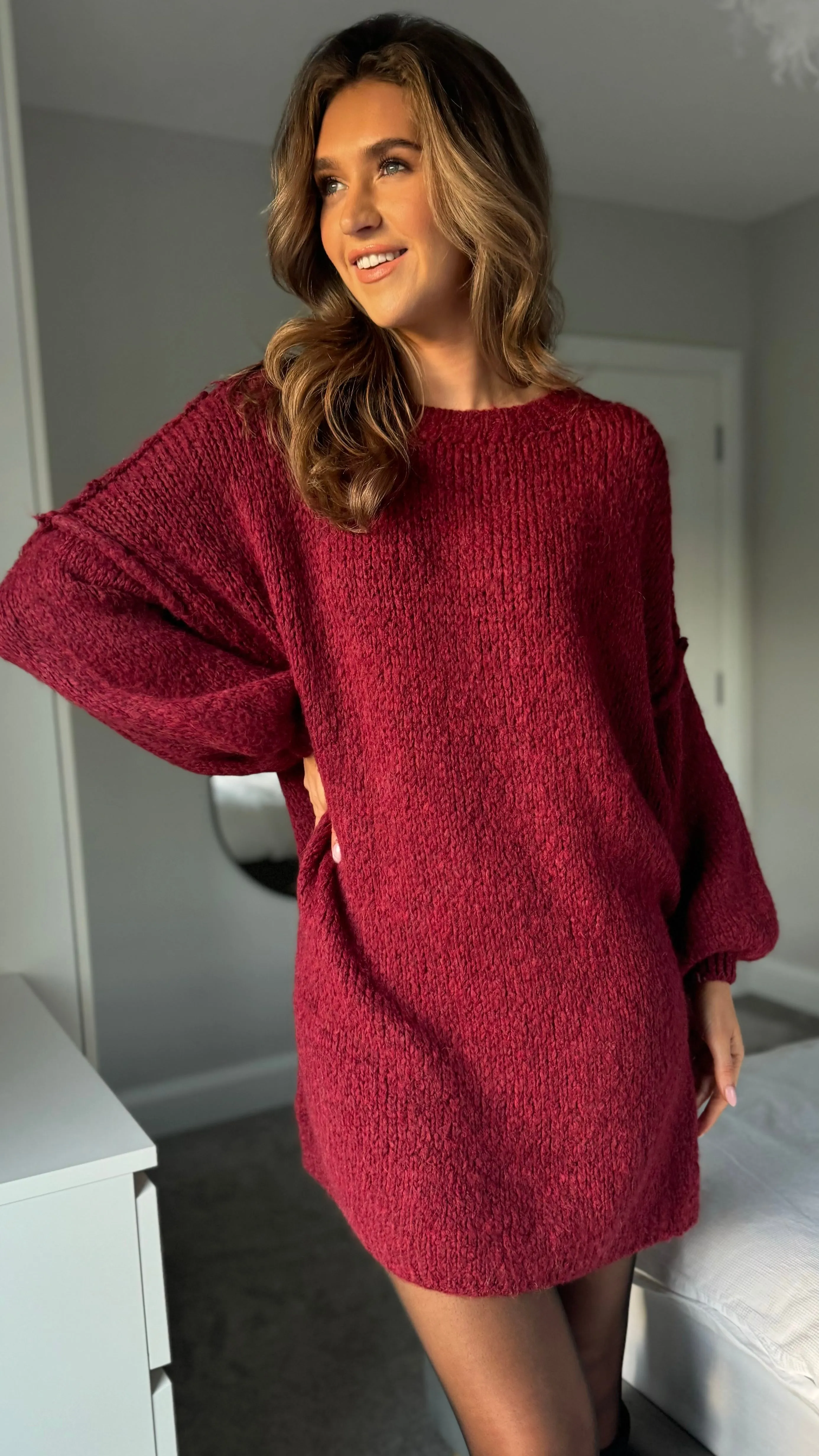 Renae Burgundy Chunky Knit Jumper Dress