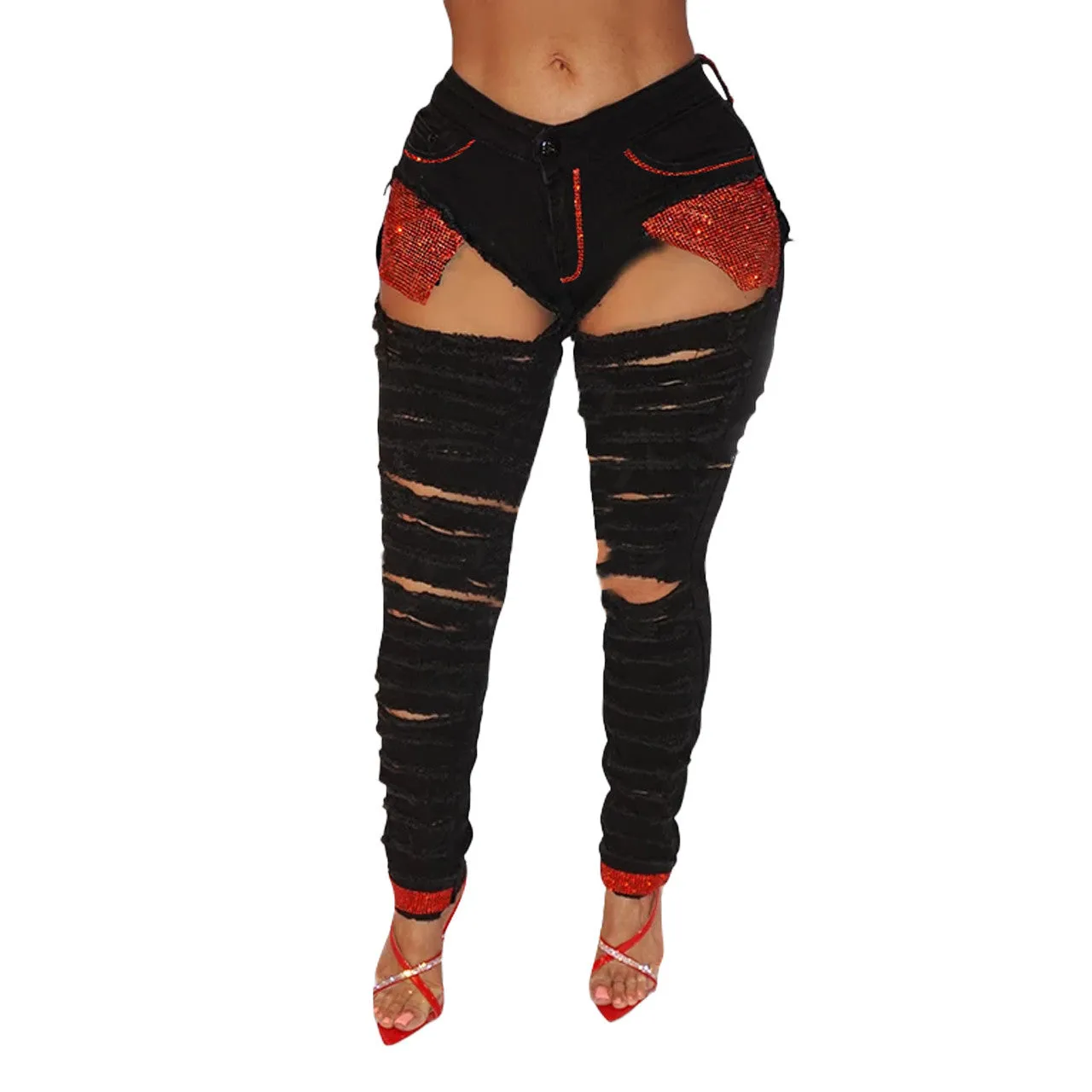 Sequin Pocket Ripped Jeans Pant Wholesale Market