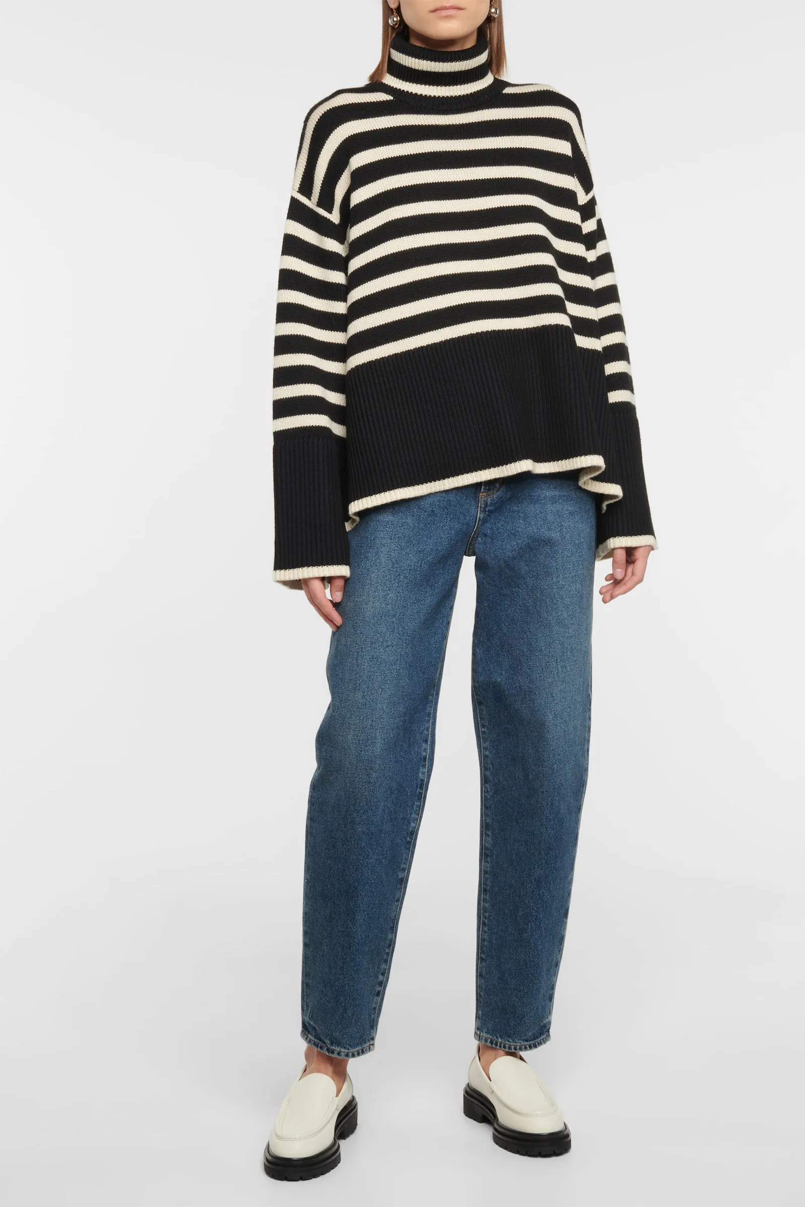 Striped Turtleneck Wool-Blend Sweater In Black And White