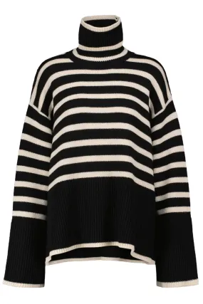 Striped Turtleneck Wool-Blend Sweater In Black And White