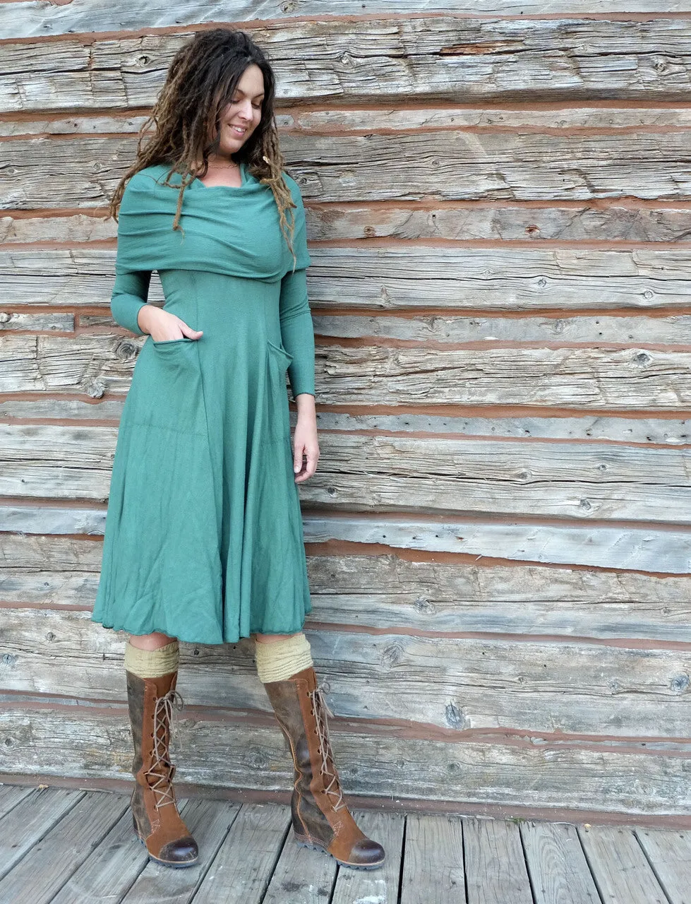 Super Cowl Perfect Pockets Below Knee Dress