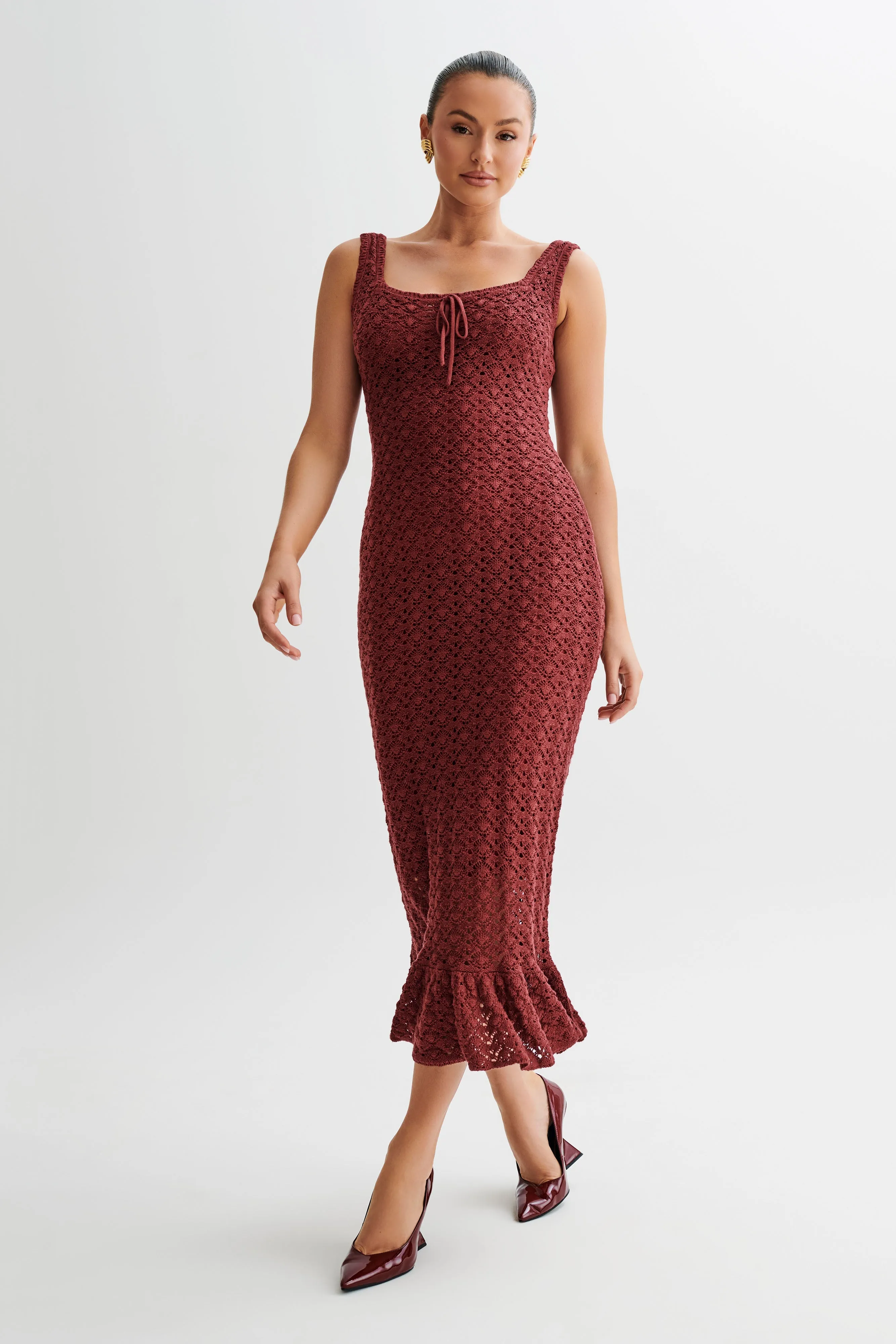 Sylvie Frill Knit Midi Dresses - Wine