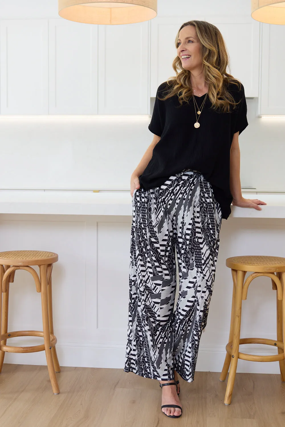 Tammy Wide Leg Jersey Pants - Black/White Collage