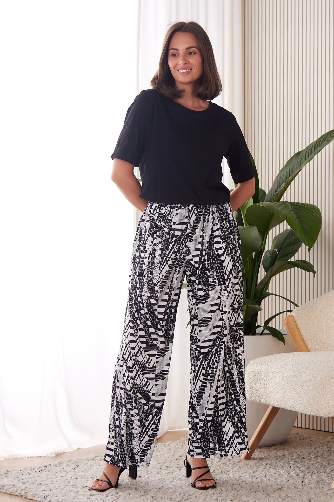 Tammy Wide Leg Jersey Pants - Black/White Collage