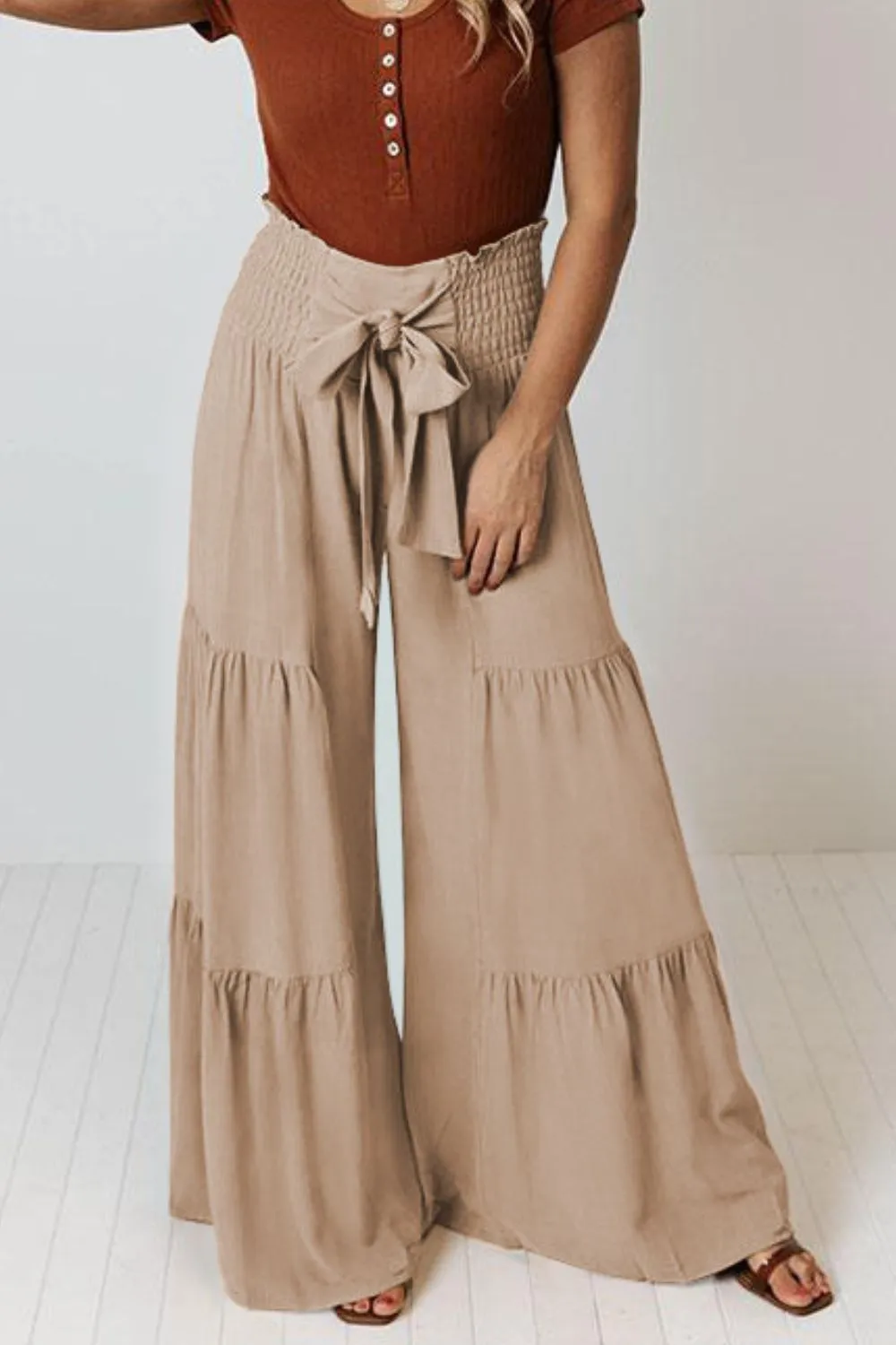 Tie Front Smocked Tiered Culottes