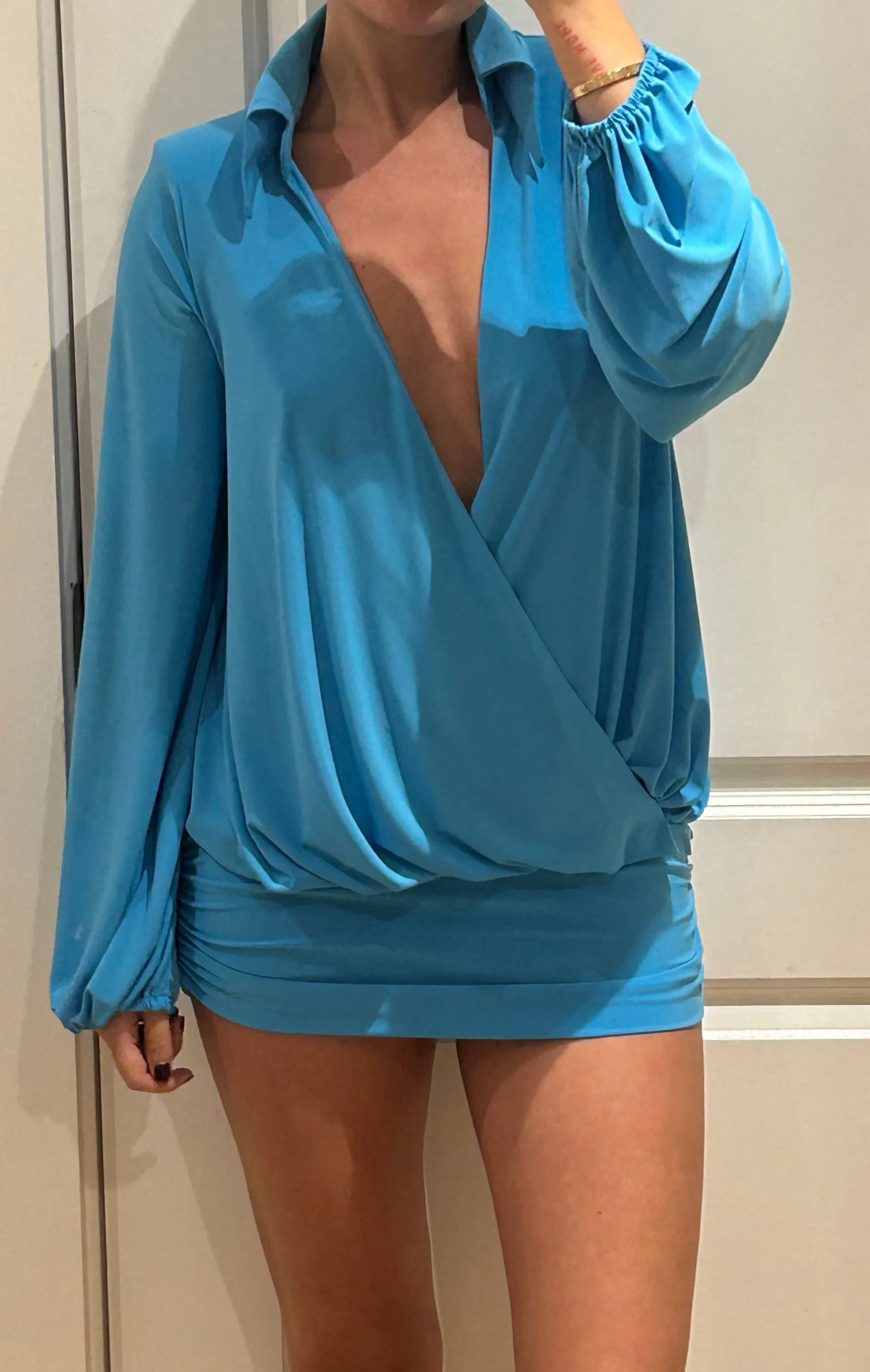 Turquoise V Neck Shirt Mini Dress