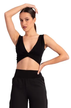 Viscose Twist Knot V-neck Crop Top (S) (Black)