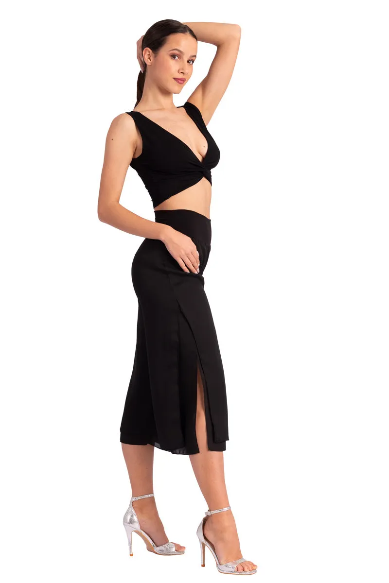 Viscose Twist Knot V-neck Crop Top (S) (Black)