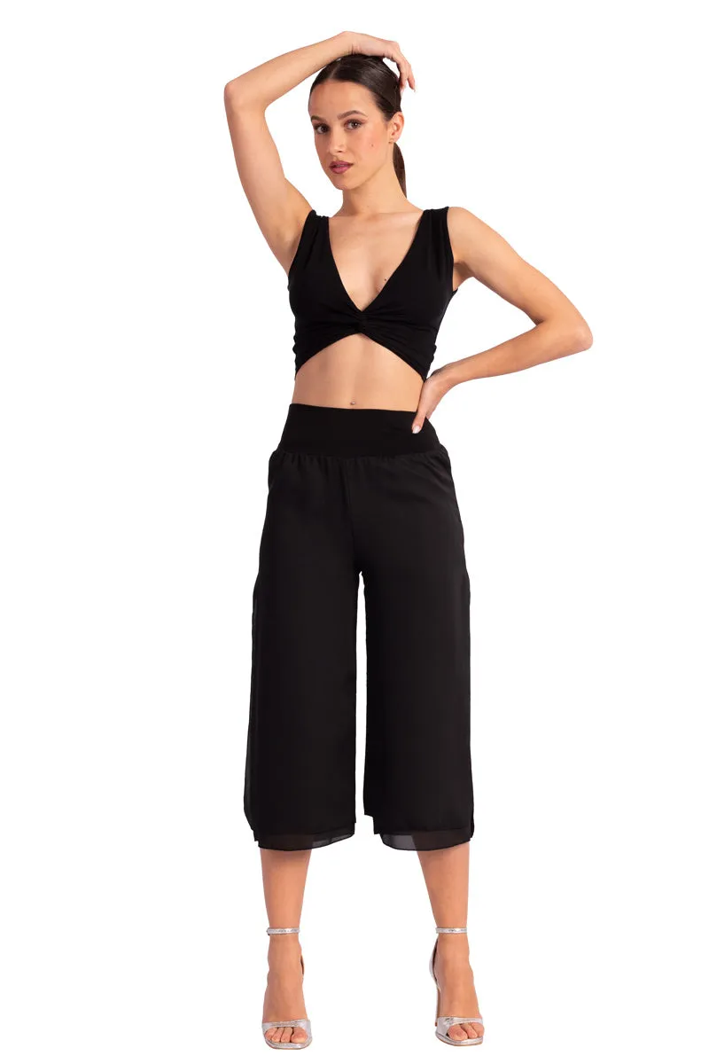 Viscose Twist Knot V-neck Crop Top (S) (Black)