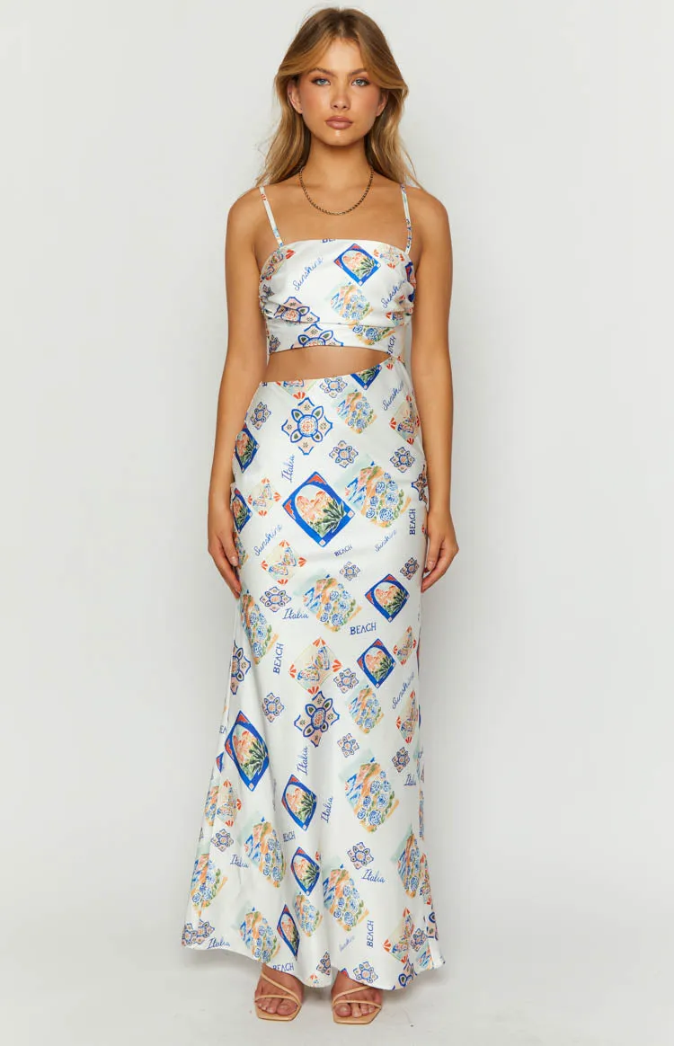 Willa White Satin Italia Print Maxi Dress