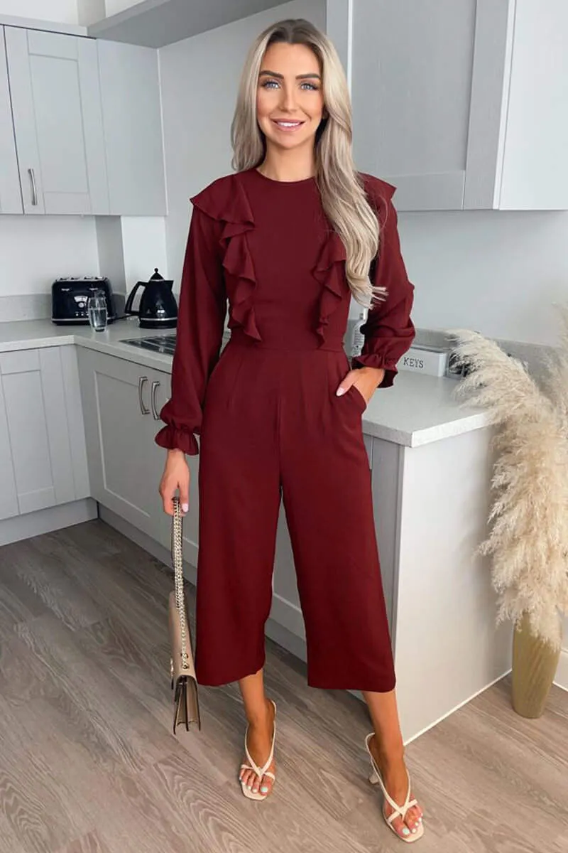 Wine Frill Front Long Sleeve Jumpsuit