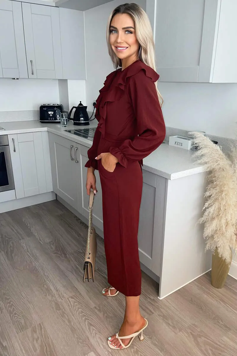 Wine Frill Front Long Sleeve Jumpsuit