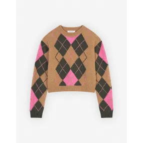 Women Argyle Boxy Jumper - Beige/Khaki/Peony Pink