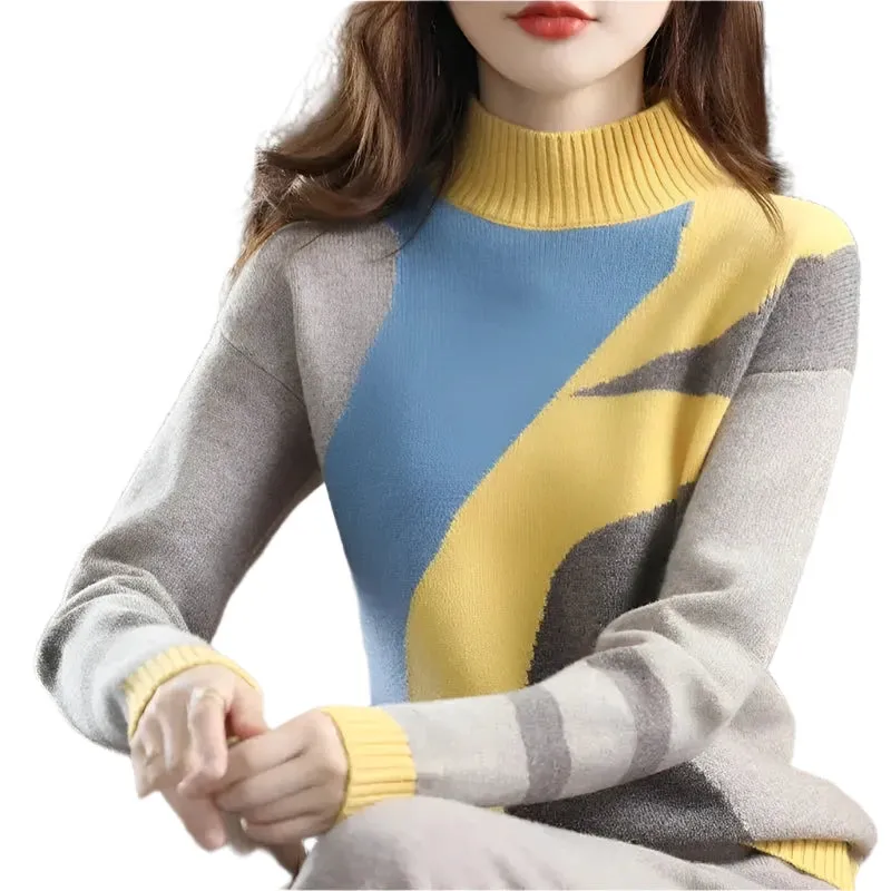 Women's Vintage Turtleneck Sweater - Geometric Knit Pullover, Loose Fit Y2K Long Sleeve Casual Jumper for Autumn Winter Fashion