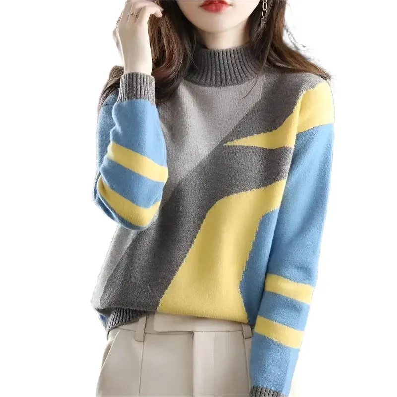 Women's Vintage Turtleneck Sweater - Geometric Knit Pullover, Loose Fit Y2K Long Sleeve Casual Jumper for Autumn Winter Fashion