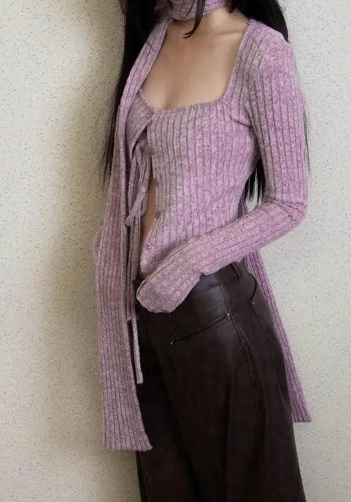 Y2K Corduroy Cropped Scarf Cardigan