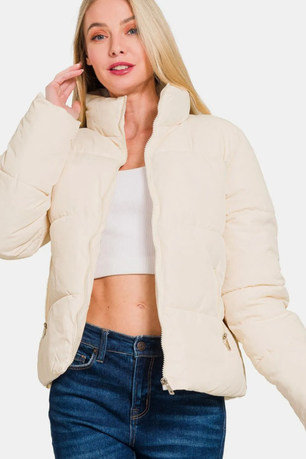 Zip-Up Turtleneck Puffer Jacket Ivory